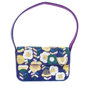 Elegant Floral Beaded Shoulder Bag - Blue and Yellow